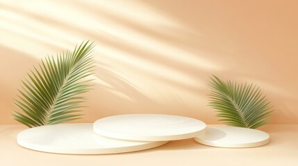 Obraz premium Minimalist, cream colored, podiums, tropical leaves, sunlight display