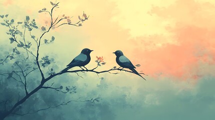 Fototapeta premium Two birds perched on a tree branch in a minimalist nature illustration, symbolizing sibling love, emotional connection, harmony, companionship, and togetherness on Siblings Day 