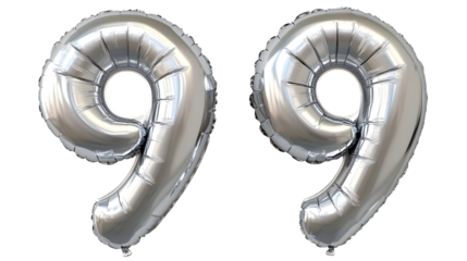 Silver 3D Illustration Of Number 99 Balloon Isolated On Transparent Background