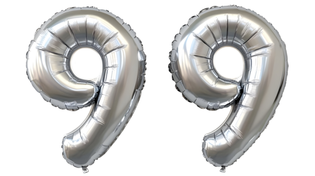 Silver 3D Illustration Of Number 99 Balloon Isolated On Transparent Background