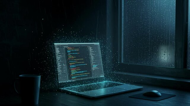 Nighttime coding session with rain outside and glowing computer screen in a dimly lit room