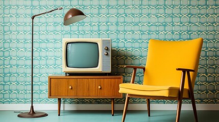 Stylish retro living room composition with vintage television and chair