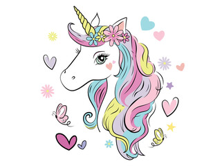 Vector illustration, cute unicorn decorated with flowers, butterflies and hearts,. Design for printing on shirt, poster, banner. Lovely print for t-shirt, abstract image. © ALPHA GRAPHIC