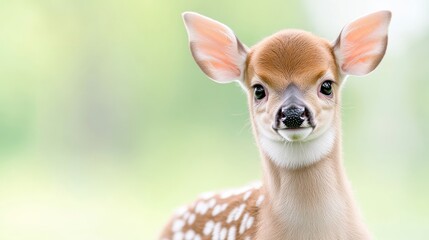 Close-up of a fawn, captivating innocent gaze.  Soft focus on natural background
