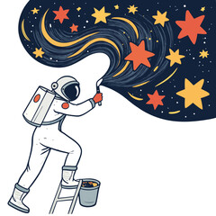Create a bold, vector illustration of an astronaut painting, featuring thick, black strokes for a striking effect.  Focus on strong lines and impactful composition.