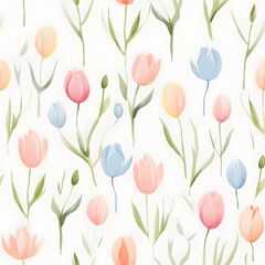 Obraz premium Seamless flower pattern with minimalist watercolor tulips in soft pastels floral design nature indoor top-down view