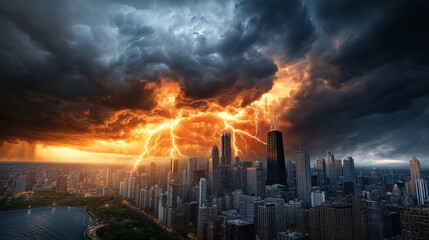 Fototapeta premium dramatic city skyline at dusk is illuminated by fiery orange clouds and intense lightning, creating striking contrast with dark storm clouds above