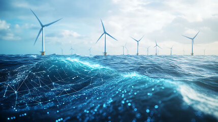 A renewable energy scientist researching wave energy converters for offshore energy production, ocean with energy converters and wave data visible, High-tech style