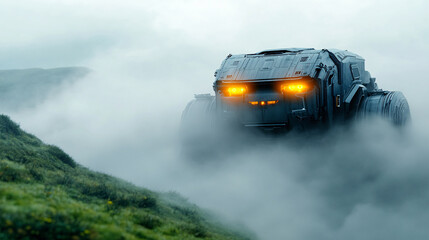 Fototapeta premium giant mecha robot emerges from fog covered landscape, its glowing orange lights piercing through mist. scene is mysterious and futuristic, evoking sense of awe and intrigue