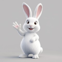 Obraz premium Cute White Fluffy Cartoon Rabbit Waving on Gray Background