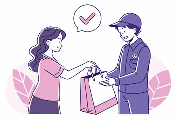 Modern Digital Illustration of Friendly Delivery Interaction in Soft Pastel Tones