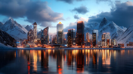 Fototapeta premium futuristic city with glowing skyscrapers is nestled beneath snow capped mountains, reflecting in calm body of water. scene is illuminated by vibrant neon lights, creating cyberpunk atmosphere