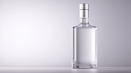 A clear glass bottle with a silver cap stands on a white surface. The bottle is rectangular with a slight curve. It is center-framed against a plain light grey background. The image is clean, simple,