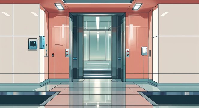 Elevators leading to underground levels with minimalistic decor anime cartoon style illustration artwork design background
