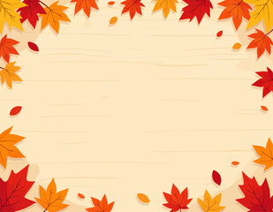 Autumn leaves frame on light wood background