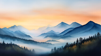 Obraz premium watercolor painting of foggy mountains at sunrise, with layers of mist and warm, glowing sky. serene landscape features silhouetted trees and tranquil atmosphere