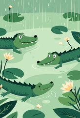 Obraz premium Cartoon Alligators Swimming in a Lily Pad Pond During Rain