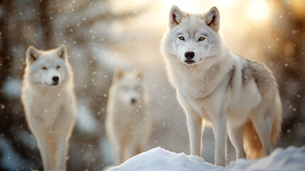 Obraz premium Mystical arctic wolves stand on snowy ridge under soft, golden light, creating serene and captivating winter scene. wolves fur blends beautifully with snow