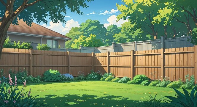Quiet backyard with a wooden fence and well maintained lawn anime cartoon style illustration artwork design background