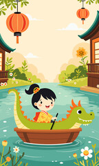 Cartoon girl rows dragon boat, Chinese lanterns, river scene