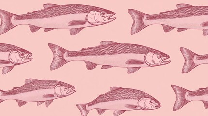 Stylized Salmon Fish Pattern on Pastel Background, Decorative Surface Design