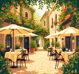 Fototapeta premium Charming Italian Courtyard Restaurant with Orange Flowers
