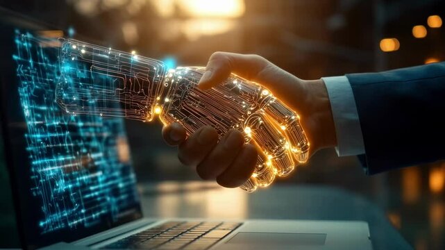 Futuristic video concept of human and AI collaboration, captured from a side angle, showcasing a digital handshake with glowing circuitry.