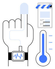 Finger with pulse sensor linked to smartwatch displaying heartbeat, thermometer, and smartphone. Ideal for telemedicine, fitness, healthcare, technology, remote monitoring, medical apps flat simple