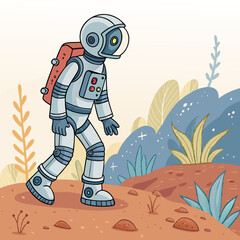 Create a vector illustration of a bold-stroked robotic astronaut, emphasizing strong lines and a futuristic design.  Include detailed helmet and suit elements.