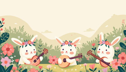 Naklejka premium Floral Crowned Bunnies Play Music in Meadow Illustration