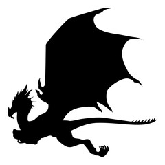 Scary Dragon Silhouette. Flying Dragon Mascot. Flat Vector Illustration
