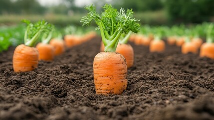 Carrot crop. Rows of vegetables, leafy tops, in rich soil of a misty farm field