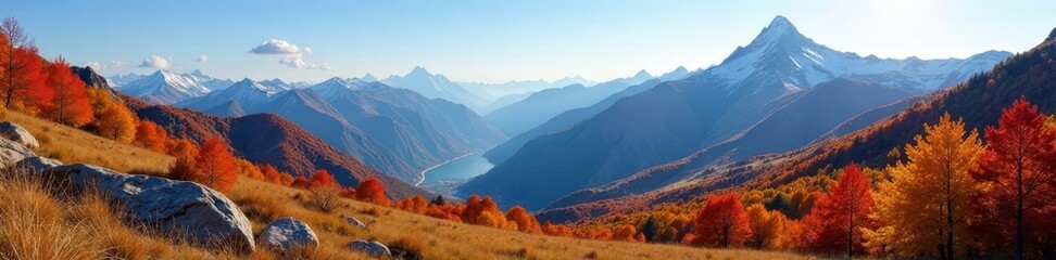 Crisp mountain vista; vibrant autumn hues paint the slopes , majestic, hills, image