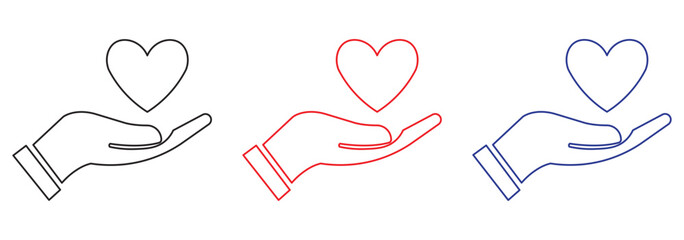 Hand holding red heart icon on white background. Medical care concept. Symbol of family and love. Flat design.