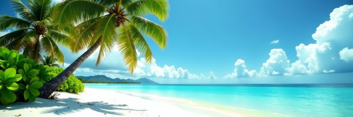 Tropical paradise with palm trees, white sandy beach, turquoise sea, sea, paradise, white sand © Chavankorn