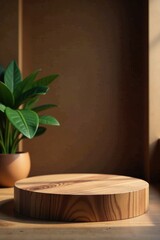 Elegant wooden round platform for showcasing products, backdrop, round stage