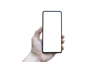 Smartphone hand holding white back. Hand holding back of the smartphone on isolated white background.