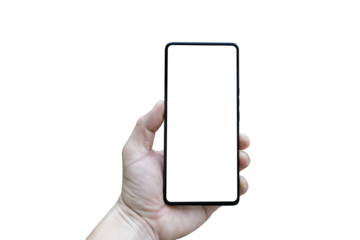 Smartphone hand holding white back. Hand holding back of the smartphone on isolated white background.
