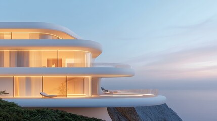 Modern architectural design of a luxurious home perched on a cliff, featuring large glass windows and unique curves, blending elegance with nature's beauty at sunset.