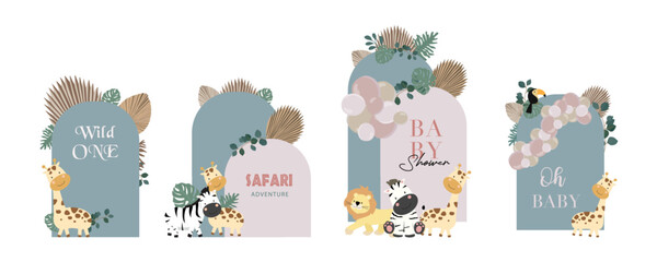 Boho backdrop element object with balloons and paper palm leaves