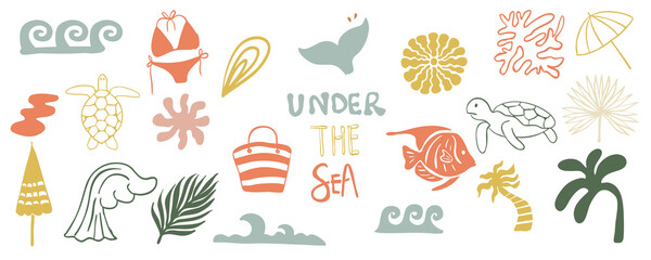 summer groovy icon with bikini, tree,umbrella for kid design