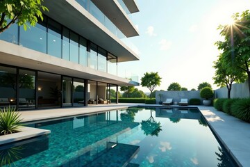 Fototapeta premium Sleek office building with shimmering reflecting pool, lush greenery, urban, business, corporate