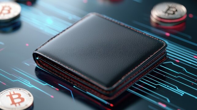 Digital wallet on circuit board background with Bitcoin coins, symbolizing cryptocurrency and digital finance. - Powered by Adobe