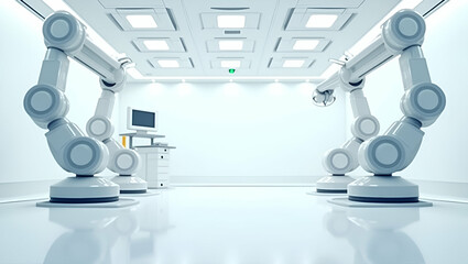 Futuristic Minimalist Flat Wallpaper Design Featuring Surgical Robot Systems in Expansive Space: Advanced Medical Robotics & Minimally Invasive Technology Illustration