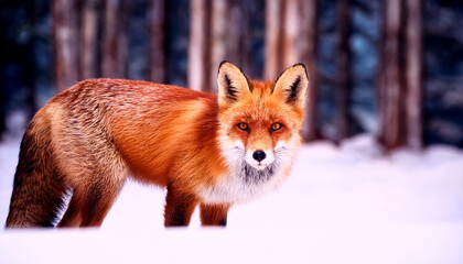Obraz premium red fox in the wild, a beautiful red fox in a snowy winter setting, Enchanting scene of a fox in a snowy landscape, showcasing its beauty and resilience, , capturing the essence of winter wildlife