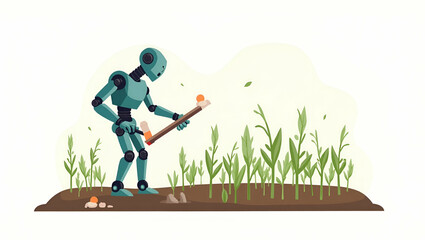 Revolutionizing Farming: Flat Agricultural Robotics for Efficient Planting, Harvesting, and Crop Monitoring - A Cute Vector Illustration of Modern Sustainability