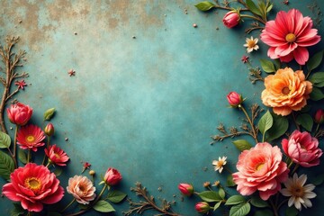 Aged, textured floral wall, antique aesthetic , peonies, rustic