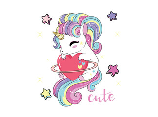 Vector illustration, cute unicorn posing . Design for printing on shirt, poster, banner. White text on pink background. Lovely print for t-shirt