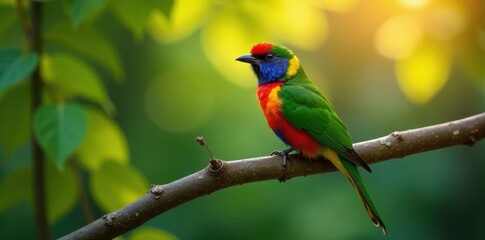 Brightly colored bird resting on a thick Chilean branch, sunlight illuminating its feathers, detail, nature