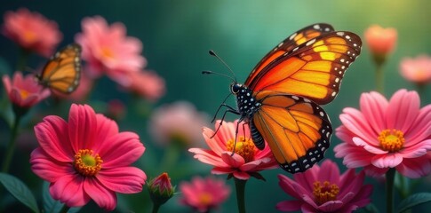 Fototapeta premium Close-up of a butterfly's wings against a backdrop of various flowers , fauna, wings, nectar